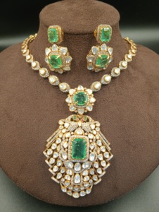 Gold Plated Emerald Cut Cubic Zirconia Engagement <b>Statement</b> <b>Necklace</b> Set Matching Earrings Women Ethnic Style - Product Image 6