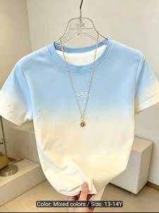 Camiseta Corta de Mujer con Bloques de Color Degradado, Cuello Redondo, Manga Corta, con Bordado de Lazo, Ropa Casual de Verano - Product Image 4