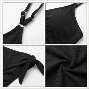 Women's Black Ribbed 2 Piece Bikini Set <b>Crossed</b> Halter <b>Top</b> High Waist Bottoms Stretch Swimwear - Product Image 4