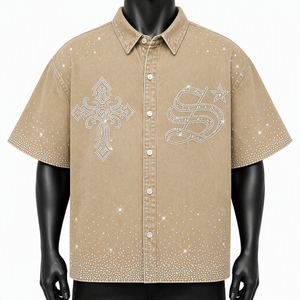 Custom <b>Men</b> <b>Blue</b> Rhinestone Denim Shirts Wholesale Oversized Short Sleeve Gothic Cross Diamond Button Up Summer Streetwear Tops - Product Image 3