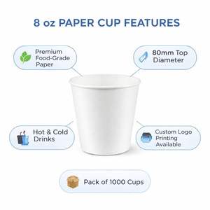 ProTakeOut Vasos de Papel Blancos de Pared Simple de 8 oz, Borde de 80 mm, Paquete de 1000 (50/20), Vasos Desechables para Bebidas Calientes (Café/Té/Cacao) | - Product Image 2