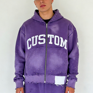 Sudadera con capucha extragrande de invierno para hombre, personalizada, con efecto desgastado, parche bordado, pedrería, cremallera, lavado ácido, estilo vintage, de felpa francesa, streetwear - Product Image 1