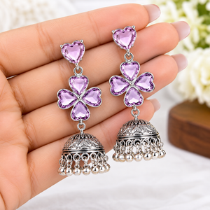 Boucles d'oreilles pendantes Jhumka indiennes bohèmes en laiton rose personnalisées, serties d'opale, plaquées argent antique, motif floral, pour femme - Vente chaude - Product Image 4