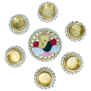 Juego de Portavelas de Ganesha con Cuentas Hechas a Mano - Juego de 7 Portavelas con Borde de Perlas, Decoración Étnica Diwali - Juego de Regalo Tradicional Indio - Product Image 5