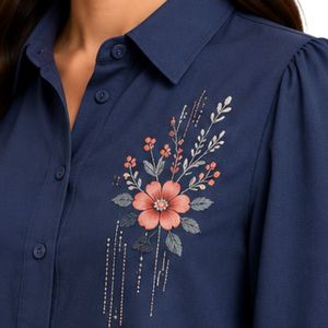 Conjunto de Blusa Bordada y Falda Maxi para Mujer, Color Azul Marino y Coral, Manga Larga, Cierre de Botones, Cintura Alta, Dos Piezas, OEM - Product Image 3