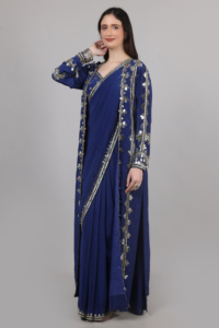 Conjunto de Diseño Real para Mujer, Estilo Saree con Chal, Color Azul, con Cuentas de Espejo y Lentejuelas, para Cada Ocasión - Product Image 2