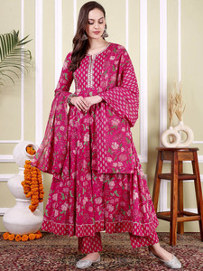 Floral Printed Notch Neck Cotton Anarkali <b>Kurta</b> Trousers Dupatta <b>Women</b> Traditional Regular Fit Knee-Length Quick Dry - Product Image 2
