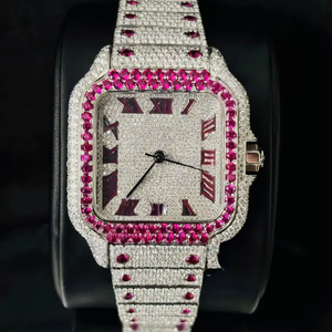 Reloj de Lujo para Hombre, Estilo Hip Hop, con Incrustaciones de Rubíes Rosados, Números Romanos Cuadrados Plateados Modernos, Automático, Personalizado, Vintage - Product Image 1