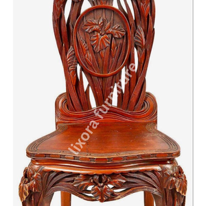 Chaise de salle à manger de luxe en bois massif, sculptée à la main, avec motif de fleur d'iris, finition cerisier antique - Product Image 3