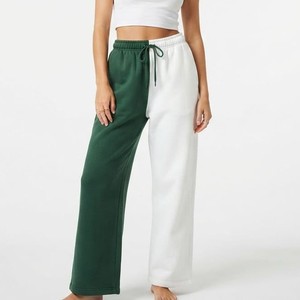 Pantalon large taille haute pour femme, bicolore vert et blanc, en coton uni, avec cordon de serrage, décontracté, longueur complète - Product Image 5