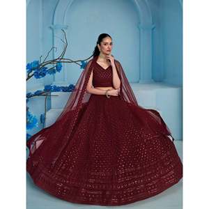 Lehenga de Georgette con Lentejuelas Color Granate Superior para Recepción, con Blusa - Product Image 5