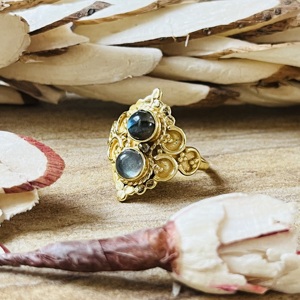 Unique Design <b>Labradorite</b> And Grey Moonstone Vintage <b>Ring</b> 18K Gold Plated Brass Double Stone Statement Wholesale <b>Ring</b> For Women - Product Image 5