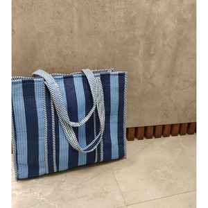 Bolso Tote de Algodón Acolchado Hecho a Mano en India |   Bolsa de tela reutilizable ecológica. Bolso Tote con Rayas Azules - Product Image 2