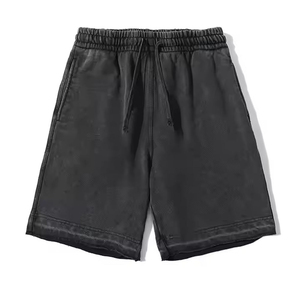 Shorts décontractés pour hommes en coton 100% respirant, couleur unie, taille mi-haute avec cordon de serrage, en tissu tricoté et finition délavée - Product Image 1