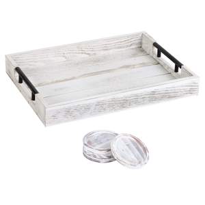 Plateau de service rectangulaire en bois d'acacia blanchi avec poignées en métal noir, style rustique abstrait, artisanat en bois de ferme - Product Image 1