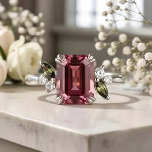 Bague de Fiançailles et de Promesse Unique en Argent Sterling Plaqué Or 14K avec Moissanite Rose Taille Émeraude et Sertissage à Griffes - Product Image 1