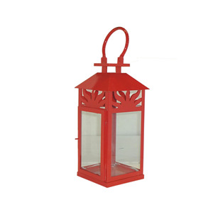 Lanterne à bougie hexagonale suspendue en métal galvanisé rouge, avec anneau de ventilation de toit pagode, poignée et panneaux de verre transparents, pour garniture de fenêtre en arche - Product Image 4