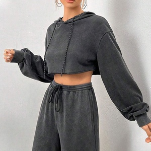 Women's Washed Black Cropped Hoodie Autumn Winter Eco-Friendly Casual Jersey Fabric V-neck Long Sleeve Drawstring Sweatshirt Top - Product Image 3