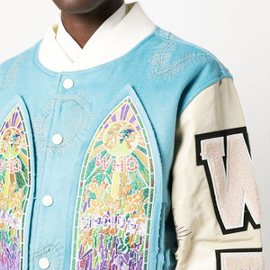 Men's Pink Varsity <b>Jacket</b> With Embroidered Stained Glass Design And Letter Sleeve Patch Streetwear Style Autumn Wear - Product Image 5