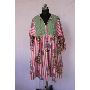Vestido midi de algodón vintage para mujer, estampado a mano con diseño floral Buta y mangas abullonadas - Product Image 2