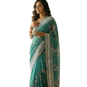 Premium Soft Georgette Fabric Lace Border Work Light Weight 5.5 MTR Long Length Customized Designer Party Saree Blouse Piece - Product Image 1