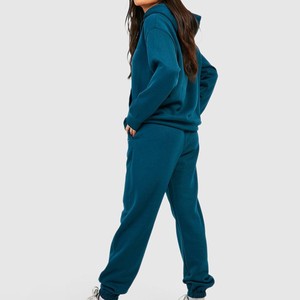 Women Teal Hooded <b>Tracksuit</b> Full Sleeve Solid Color Casual Loose Fit Midweight Cotton Drawstring Closure Side Pockets Autumn - Product Image 2