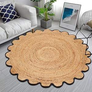 Alfombra redonda de yute ecológica hecha de yute natural con fibras festoneadas para diseños de hogar modernos. - Product Image 1