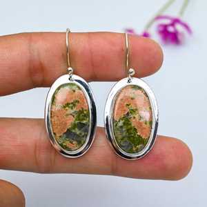 Magnifiques boucles d'oreilles pendantes en argent sterling 925 faites à la main avec pierre précieuse Unakite, bijoux naturels, cadeau - Product Image 1