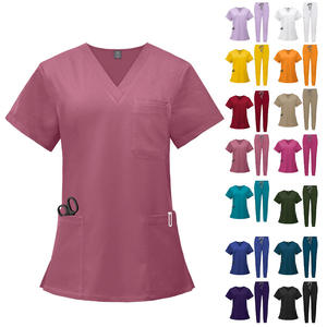 GLOWING NEON INDUSTRY Women's V-Neck Scrub <b>Top</b> Set 90% Polyester Worsted Fabric Hospital Use Short Sleeve Needle Detection - Product Image 2