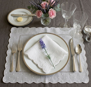 Custom Wholesale Embroidered White Dots <b>Placemats</b> Napkins Sets Linen Scallop Border Mat Washable Reusable Mats Home Events - Product Image 3