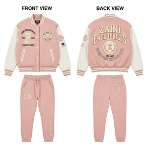 320 GSM Premium Cotton Polyester Fleece Solid Printed Varsity Tracksuit Pink for Panel Custom Chenille <b>Embroidery</b> Logo - Product Image 1