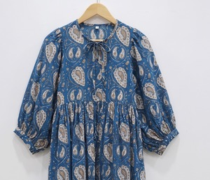 Robe Midi Bohème Femme 100% Coton Imprimé Floral Sans Manches Col Noué Coupe Ample Silhouette Évasée Formelle Bureau Respirante Naturelle - Product Image 3
