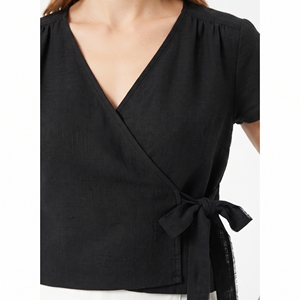 Blazer vert col en V pour femme, veste enveloppante à manches longues, broderie boutonnée, taille nouée, coupe ajustée, vêtement de bureau - Product Image 4