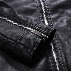 Chaqueta de Moto de Cuero PU Negra para Hombre, Cuello en V, Cierre de un Solo Botón, Corte Ajustado, Larga, Bordada, Color Sólido, Algodón, Invierno - Product Image 6