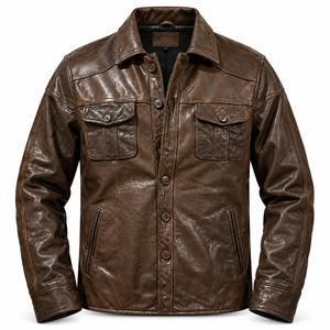 Custom Plus Size Genuine Leather <b>Jacket</b> <b>Men</b> Washed Crinkled Brown Leather <b>Jacket</b> Casual Turn-Down Collar with Pockets - Product Image 1