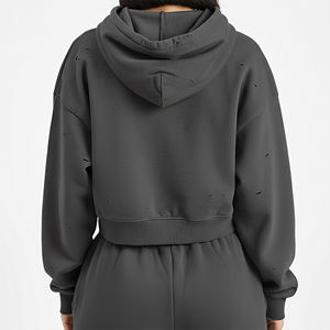 Sudadera con Capucha Corta para Mujer con Logotipo Personalizado, Color Sólido, Manga Larga, Tejido de Algodón, Estilo Casual para Otoño con Decoración de Agujeros - Product Image 2