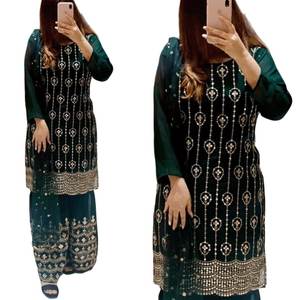 DESIGNER GEORGETTE BRODERIE SEQUENCE TRAVAIL TOP SHARARA AVEC DUPATTA VERT - Product Image 1