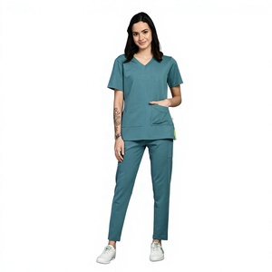 Women's Custom Logo Eco-Friendly <b>Scrub</b> <b>Set</b> V-Neck Knitted Polyester Rayon Spandex Uniform Pantsuit Hospital Use Drawstring Waist - Product Image 1