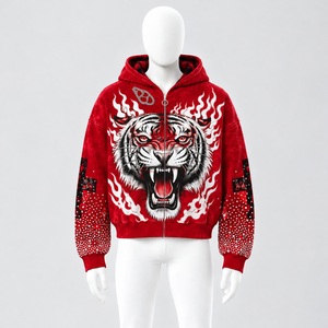 Custom <b>Rhinestone</b> Sleeve Zip Up Hoodie Tiger Flame Graphic Print Mens Fashion Streetwear Sweatshirt Embellished <b>Jacket</b> Wholesale - Product Image 6