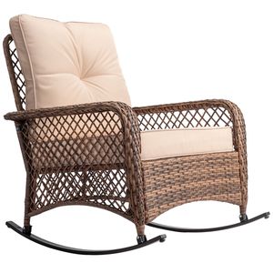 Sedia a dondolo in rattan marrone con schienale dallo stile semplice e cuscino beige - Product Image 1