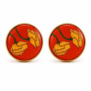Boutons de manchette en laiton émaillé faits à la main, design tulipe jaune, base rouge, finition dorée, marque Mayrabygungun pour hommes, mariage, formel - Product Image 2