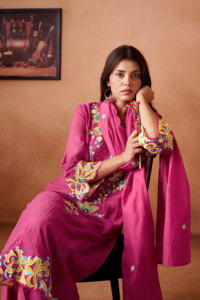Ensemble kurta en soie rose fuchsia brodé avec dupatta, tenue traditionnelle indienne et pakistanaise pour femmes, vêtements de mariage - Product Image 4