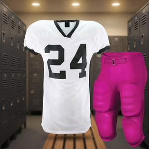 Custom American Football Uniform Set Consisting Of a White Jersey With Black Number "24" And Pink Padded Football Pants. - Product Image 4