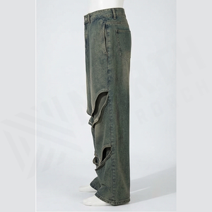 Jean en denim coupe droite délavé foncé pour homme, taille haute, coupe ample, en coton, déchiré, style streetwear, pantalon automne - Product Image 3