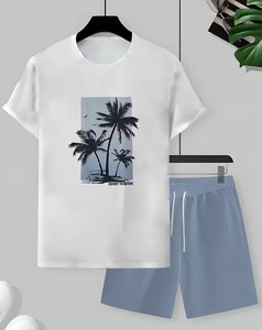 1 ชุด 2 ชิ้น เสื้อยืดแฟชั่นพิมพ์ลายต้นมะพร้าวสำหรับผู้ชาย ฤดูร้อน สดชื่น กางเกงขาสั้น ผ้าถักโพลีเอสเตอร์ยืดได้เล็กน้อย - Product Image 2