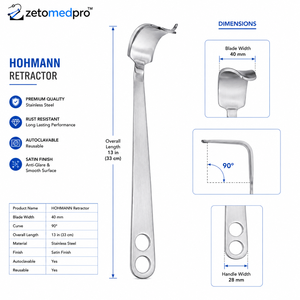Retractor HOHMANN de 13 pulgadas (33 cm) con hoja curva de 40 mm de ancho y 90 grados, instrumento quirúrgico ortopédico Zetomed Pro - Product Image 5