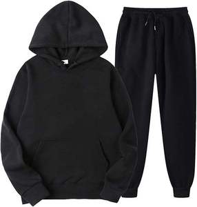 Ensemble de survêtement unisexe noir à capuche et pantalon, couleur unie, manches longues, taille à cordon, pour l'automne - Product Image 1