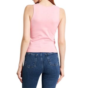 Camiseta sin mangas con cuello cuadrado rosa para mujer, de color sólido, de algodón tejido, informal, transpirable, de longitud regular - Product Image 6
