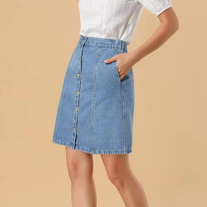 กระโปรงยีนส์ทรงเอวสูงสำหรับงานปาร์ตี้และใส่ลำลองสำหรับผู้หญิง กระโปรงยีนส์ยาวระดับเข่า มีห่วงเข็มขัด ชายกระโปรงแบบรุ่ย มีบริการ OEM/ODM - Product Image 5