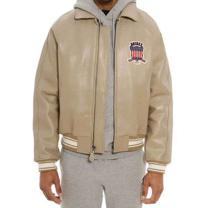 Chaqueta Bomber Impermeable de Cuero Genuino Beige para Hombre Avirex, con Parche Bordado de EE. UU., Cuello Alto y Cierre de Cremallera, Estilo Casual para Invierno - Product Image 3
